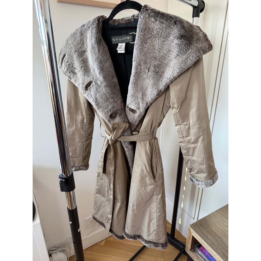 Krizia Poi Italy Women Taupe Faux Fur Collar Belted Trench Coat Jacket Size 38